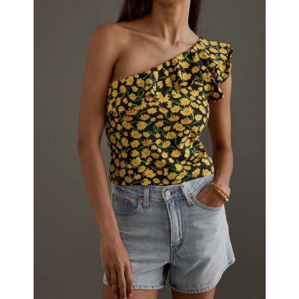 ANTHROPOLOGIE x MAEVE One-Shoulder Ruffled Top Yellow Floral Sz 1X NWT {3Z22} - Picture 3 of 6